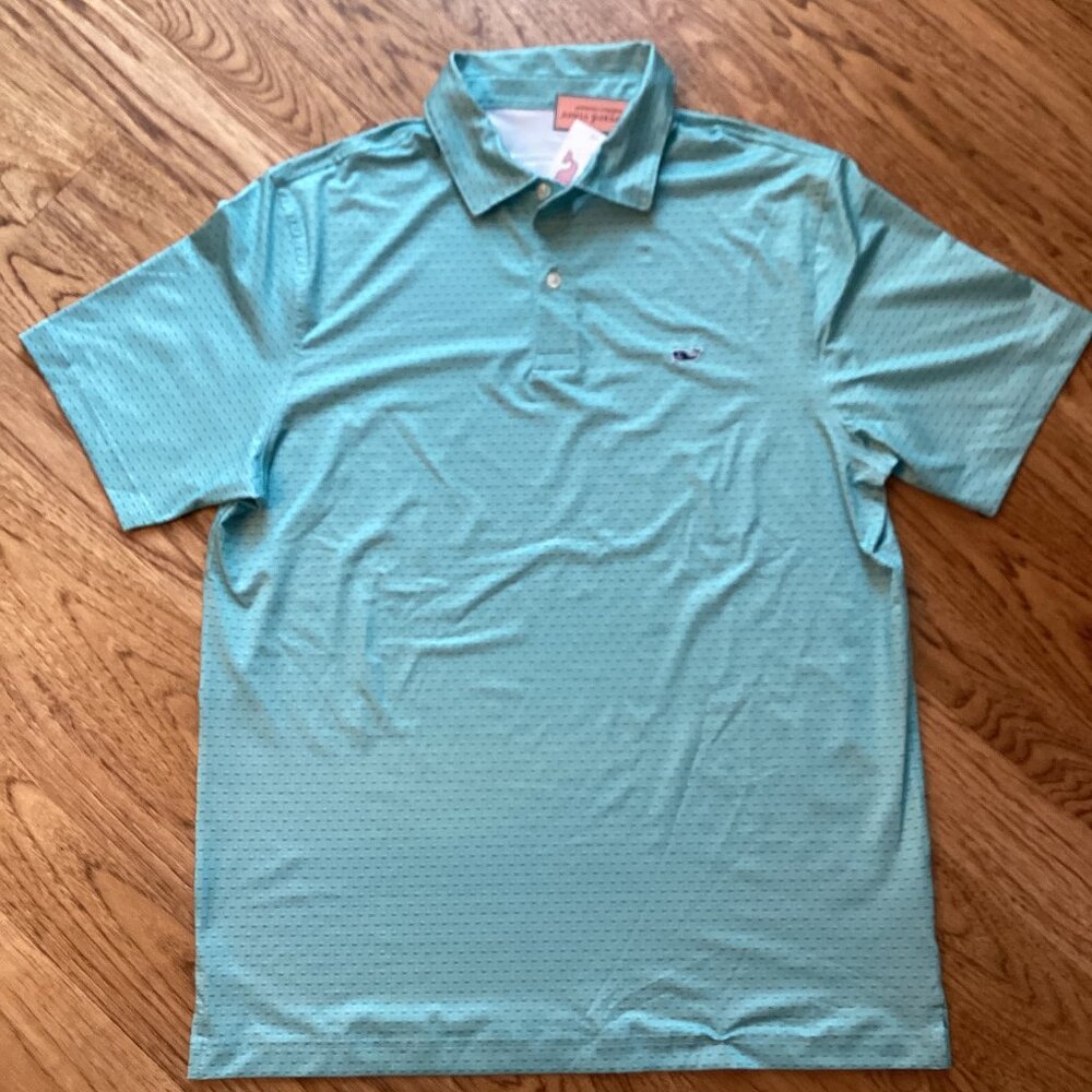 NWT Vineyard Vines Performance Polo Shirt in Aqua Whale Dot Micro Print M GOLF